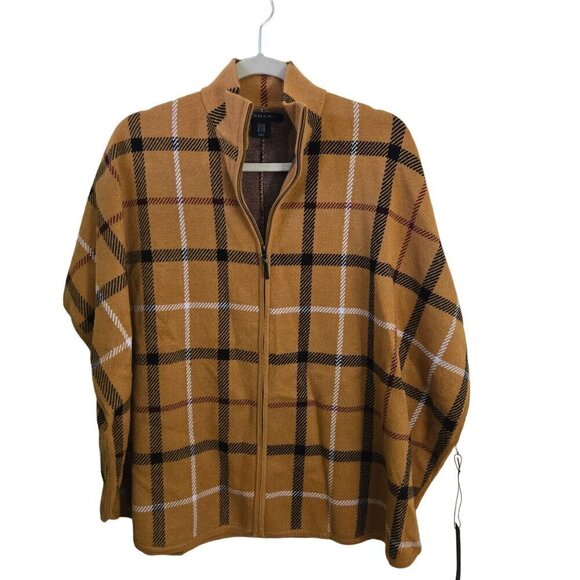 Tahari NWT Tan Plaid Full Zip Poncho Cape Size S/M - Picture 1 of 6